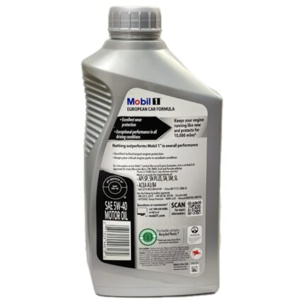 روغن موتور تمام سنتتیک موبیل وان European 5W-40 حجم 946 میلی‌لیتر مناسب خودروهای بنزینی با محافظت بالا در دماهای مختلف و عملکرد روان موتور