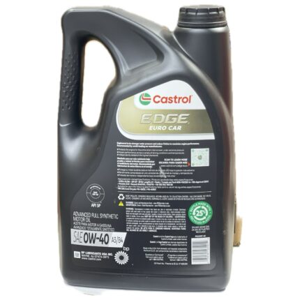 روغن موتور کاسترول EDGE 0W-40 تمام سنتتیک European Formula حجم 5 کوارت (4.73 لیتر) با استاندارد API SP، مناسب خودروهای BMW، بنز، پورشه و فولکس واگن، با محافظت عالی از موتور، کاهش اصطکاک و عملکرد پایدار در دماهای بالا و استارت سرد.