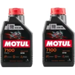 روغن موتور موتول 7100 10W-40 4T تمام‌سنتتیک مخصوص موتورسیکلت‌های چهارزمانه، حجم ۱ لیتر، بسته ۲ عددی، با فناوری استر و استاندارد JASO MA2.