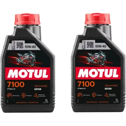روغن موتور موتول 7100 10W-40 4T تمام‌سنتتیک مخصوص موتورسیکلت‌های چهارزمانه، حجم ۱ لیتر، بسته ۲ عددی، با فناوری استر و استاندارد JASO MA2.